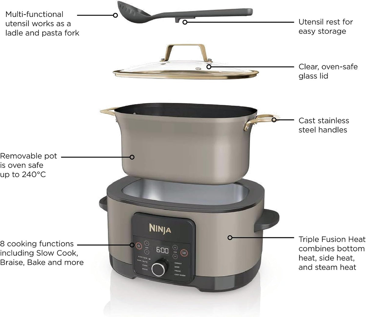 Ninja Foodi PossibleCooker, 8-in-1 8L Slow Cooker, Stone Gold MC1001UKSTGD