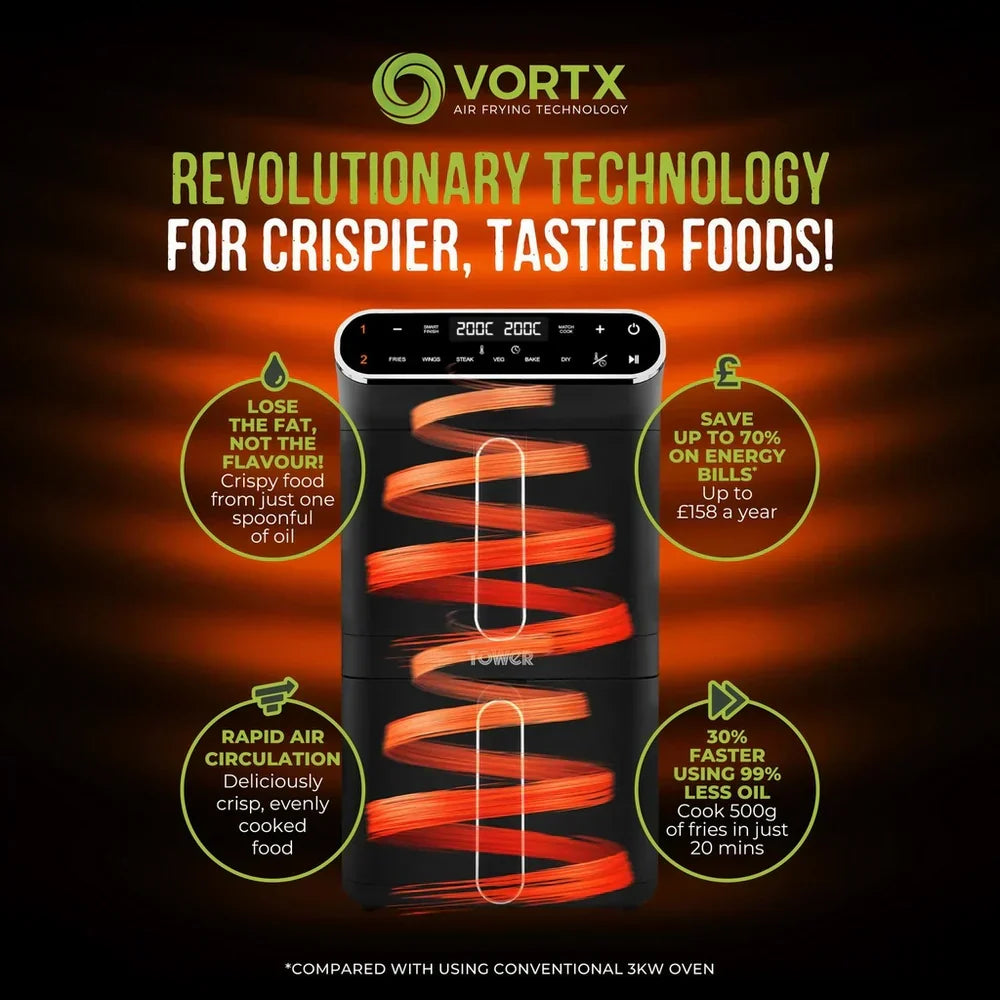 Tower T17190 Vortx 11L Dual Layer Air Fryer - Black with Chrome Trim
